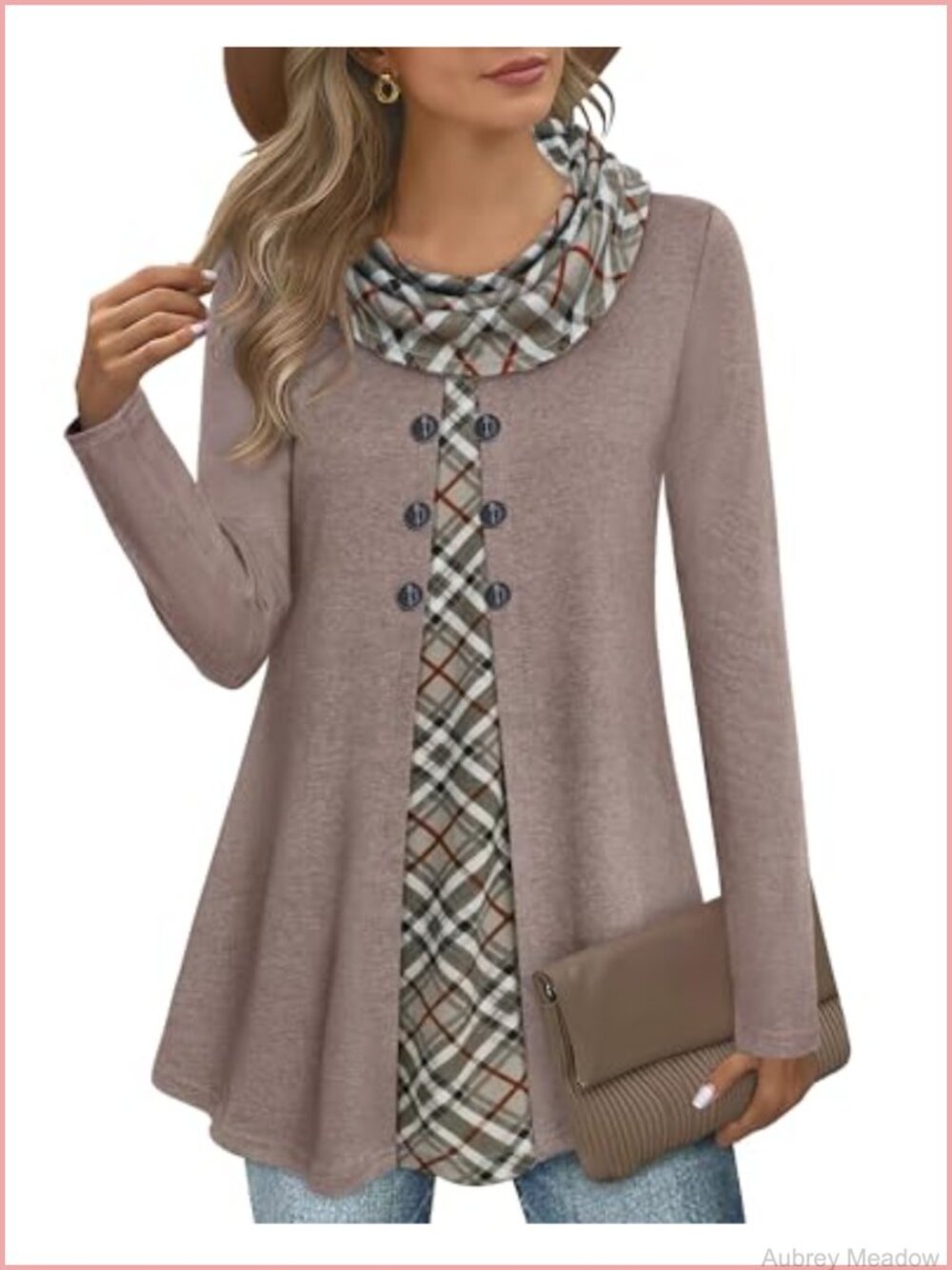 Womens Long Sleeve Cowl Neck Tunic Top Button A Line Casual Blouse